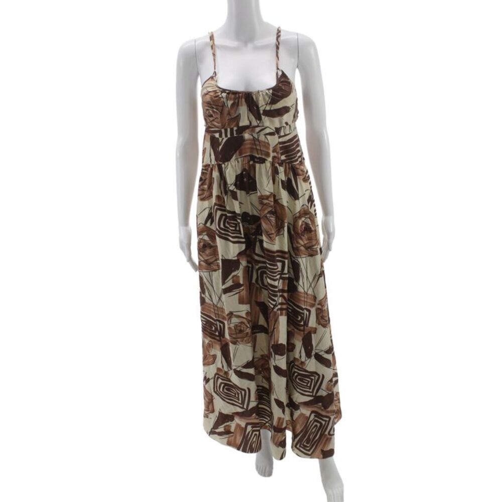 Marni Women Maxi Sundress Beige Floral Silk Drawstring Size 38 Tall